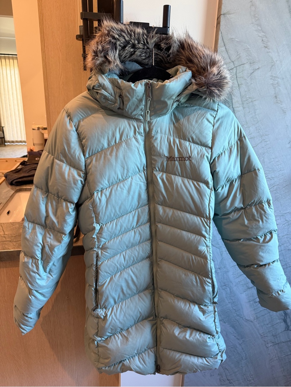 Marmot Light green down Jacket with detachable hood